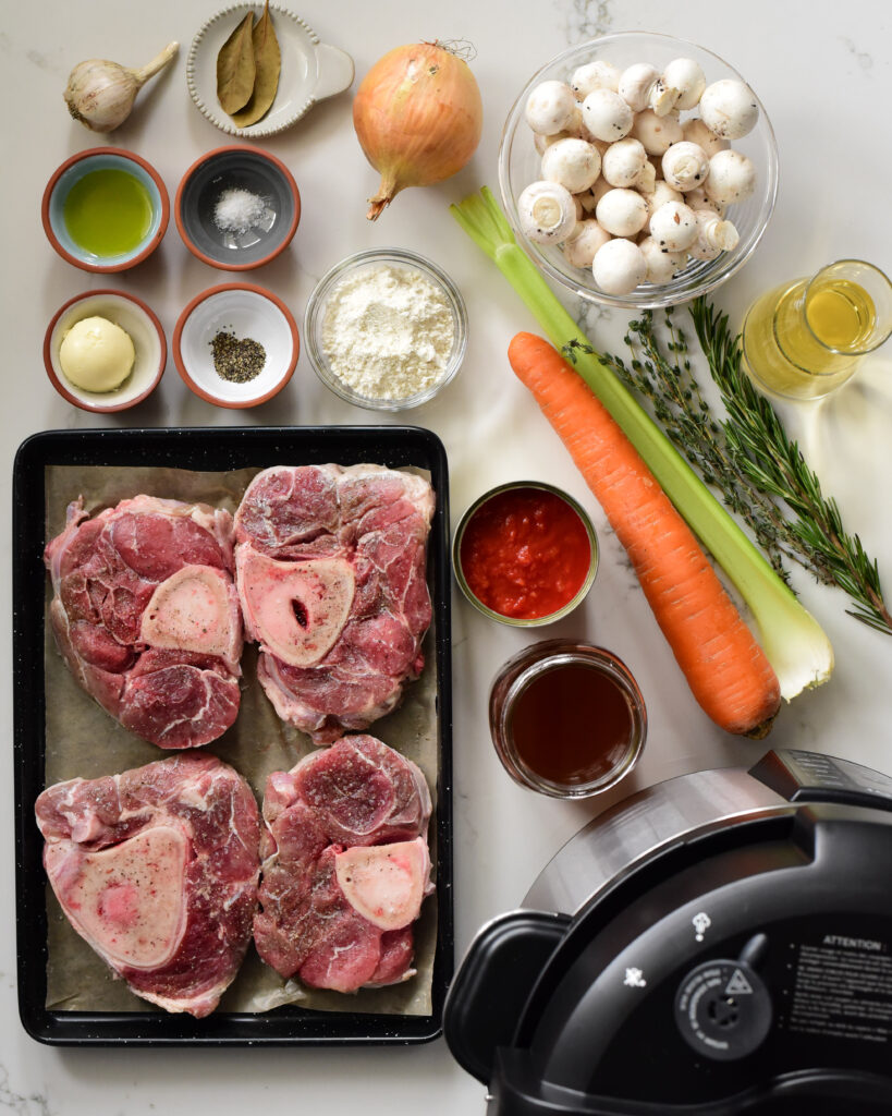 A top down image of ingredients for veal shanks and gravy