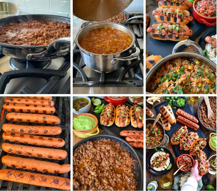 Various stages of making Coney hot dogs.
