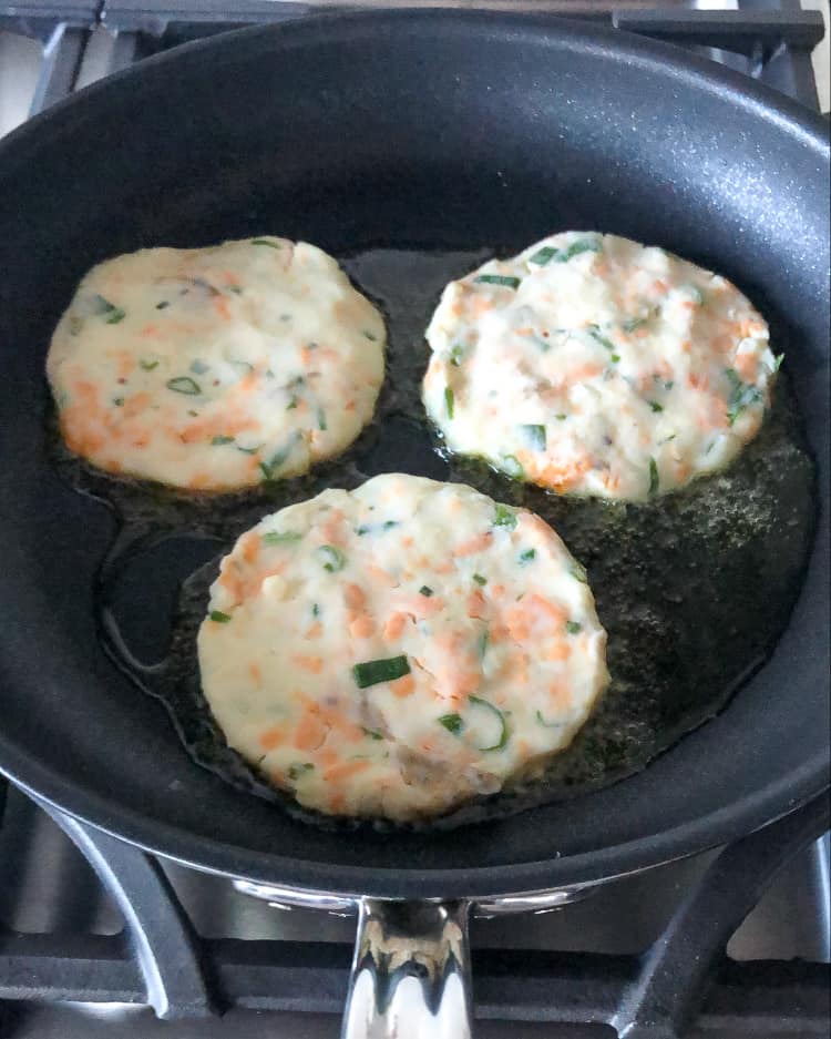 Eggs Benedict on Potato Pancakes - frying in pan