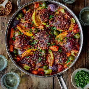Baked Harissa Spiced Chicken in a pan.