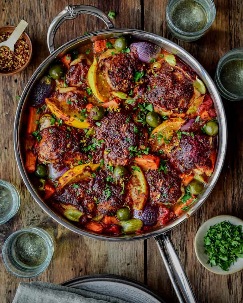 Baked Harissa Spiced Chicken in a pan.