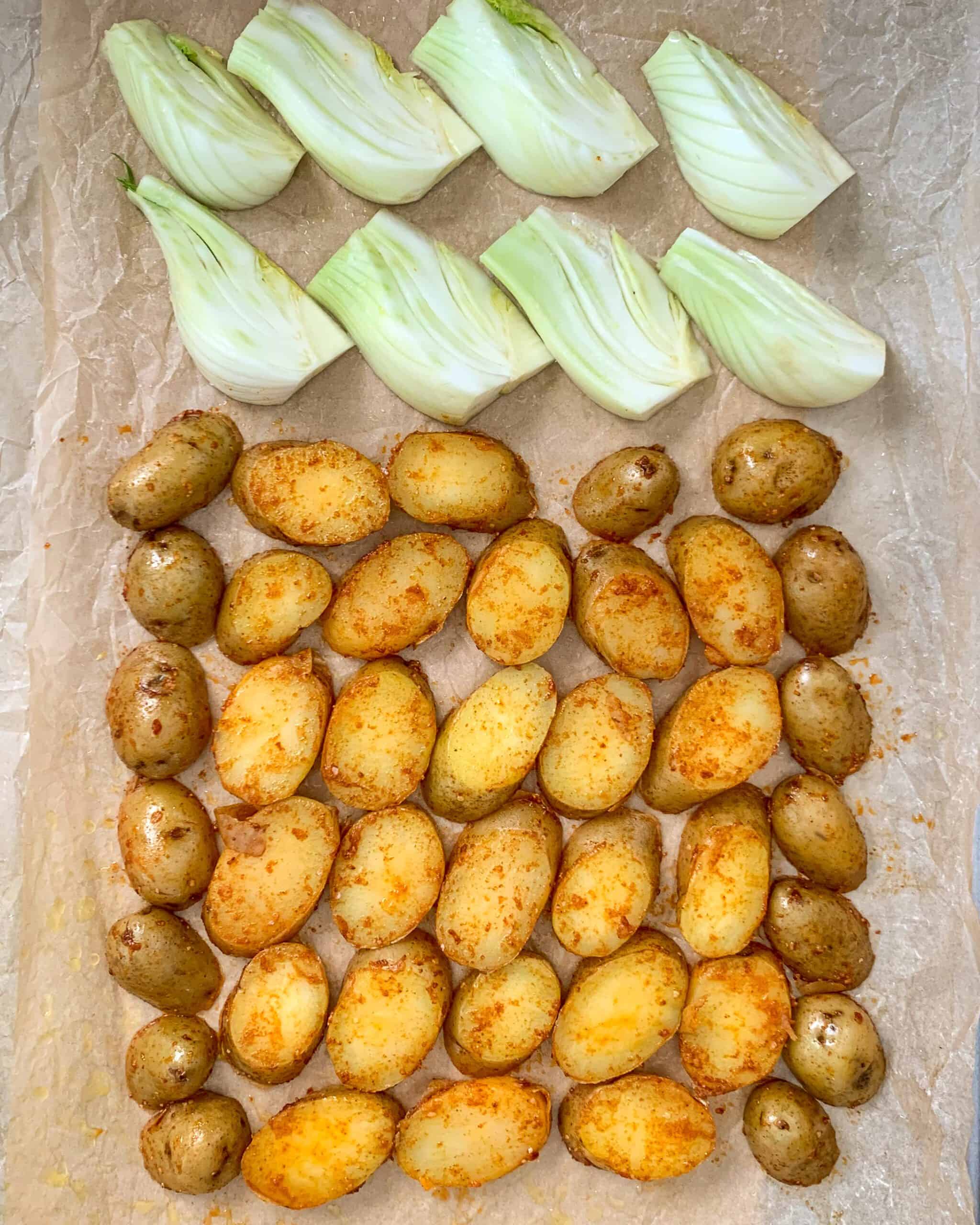 Place the potato slices in a single layer on a parchment lined baking sheet.