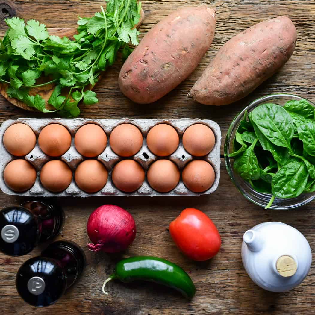 Raw ingredients layed out ready to make sweet potato boats.