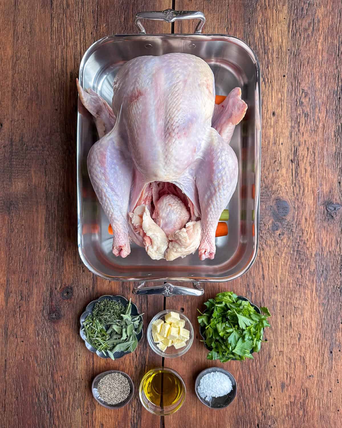 Ingredients for an herb roasted turkey recipe.