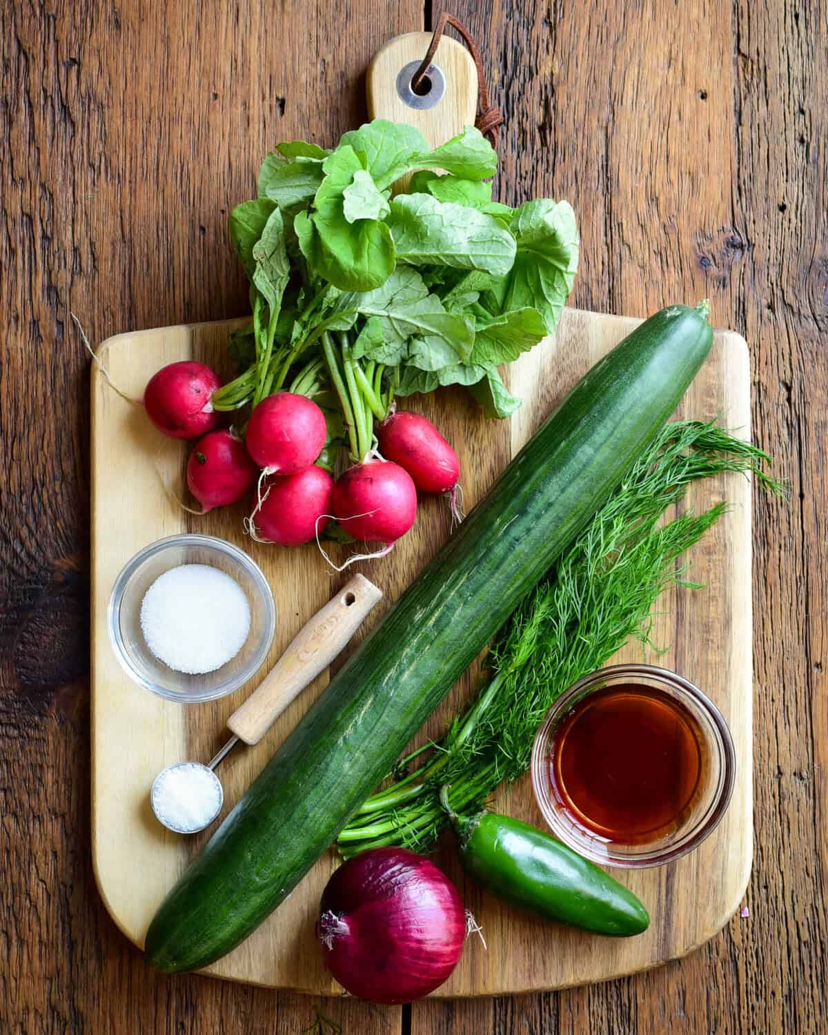 Ingredients for a cucumber and radish salad.