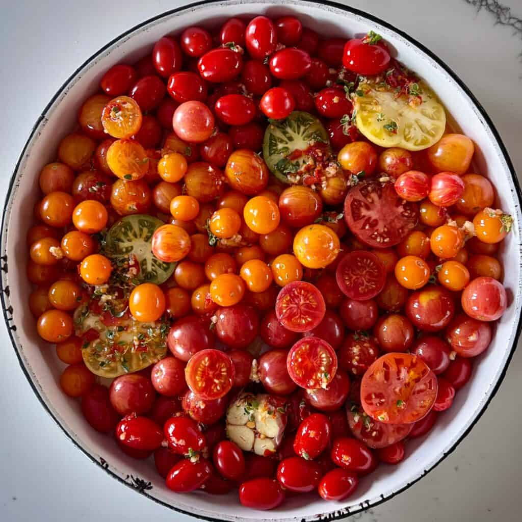 A round pan filled with tomatoes and garlic for confit.