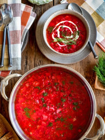 This is a top-down image of a big pot and bowl of borscht topped with a swirl of yogurt and dill on top.