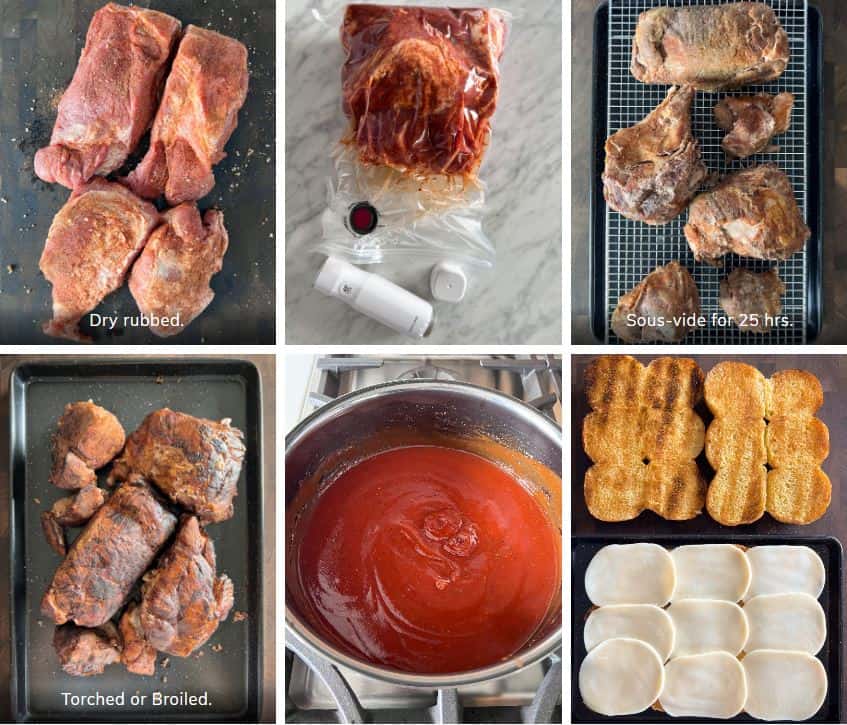 Various stages of sous-vide cooking.