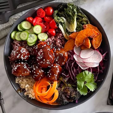 A colourful Thai meatball bowl made using my plant-based meatball recipe.