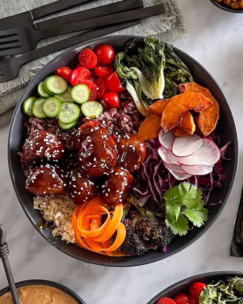 A colourful Thai meatball bowl made using my plant-based meatball recipe.