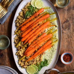Glazed Carrots with Carrot Top Tahini Sauce