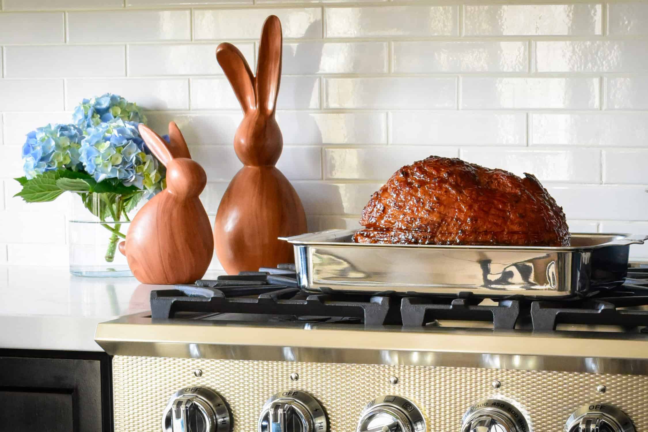 A minneola-glazed spiral ham for Easter that has just come out of the oven.