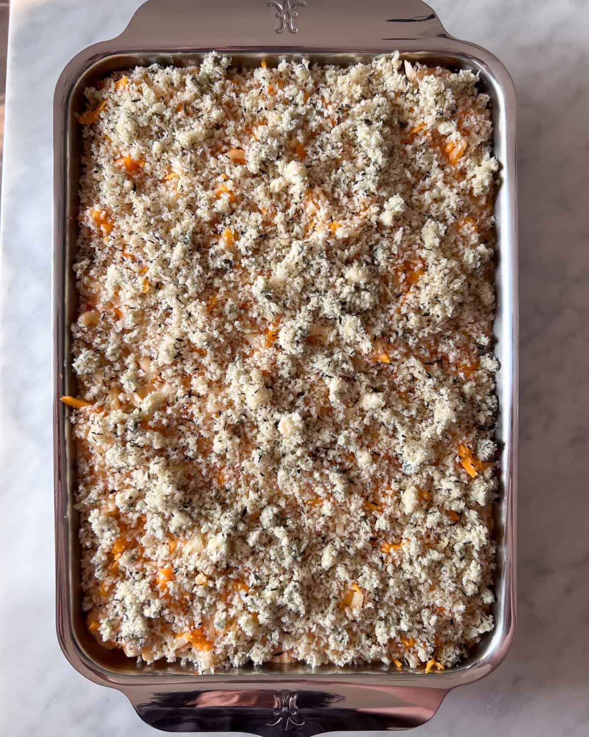 Buffalo Cauliflower Mac & Cheese ready to bake