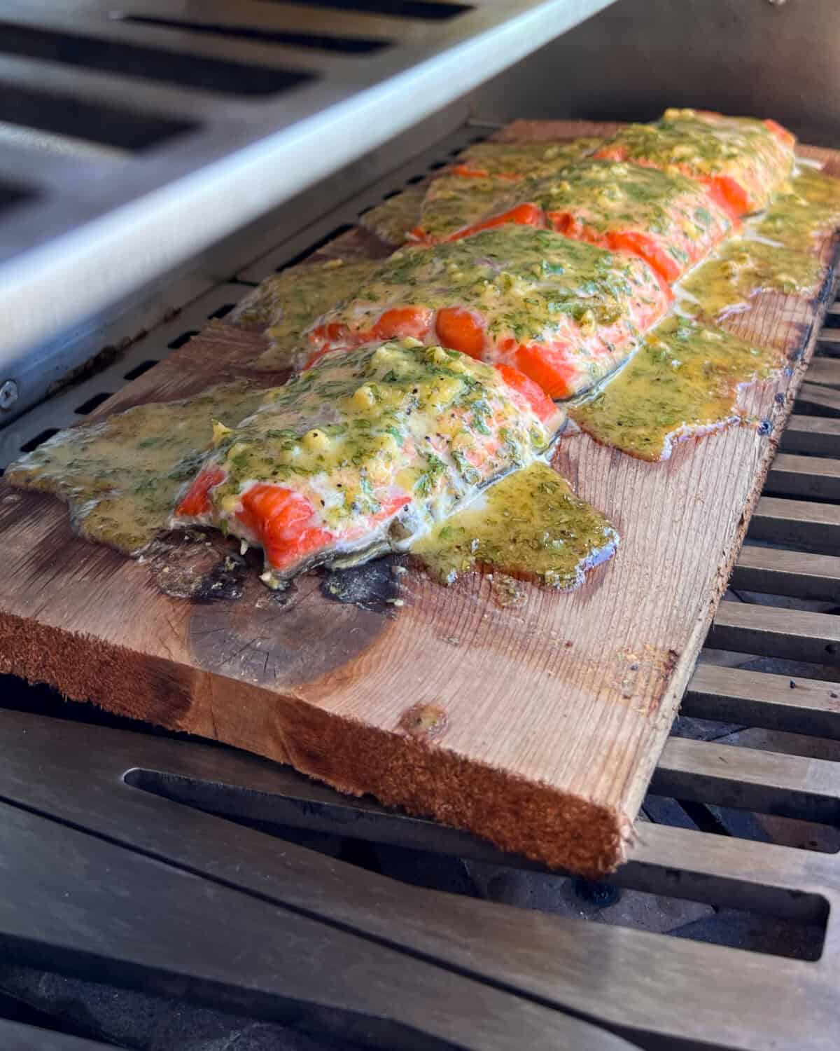 Cooked sockeye salmon on a cedar plank.