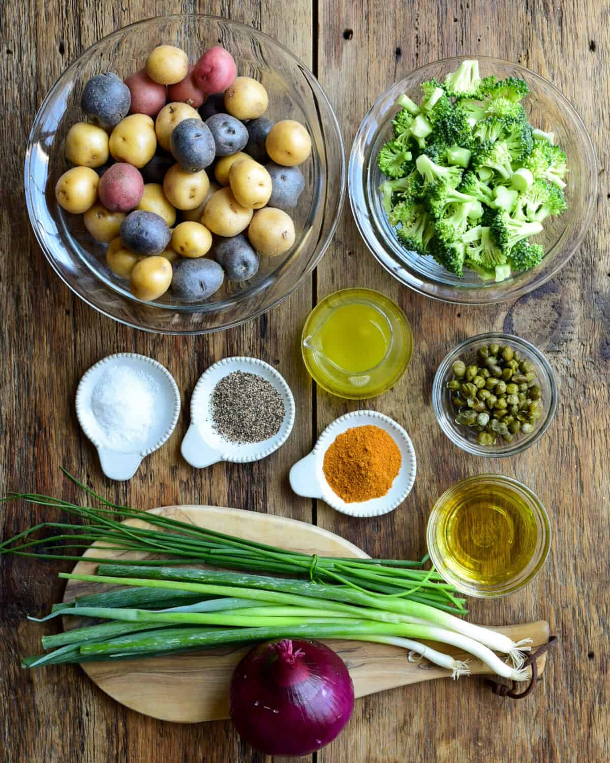 Ingredients for a smashed potato salad recipe.