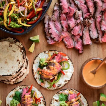 A spread of Air Fryer Flank Steak Fajitas.