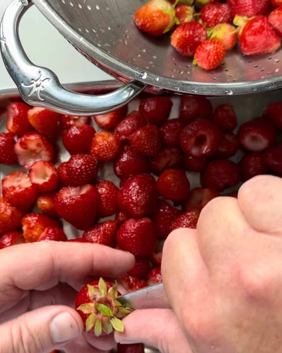 Washed and hulled strawberries.