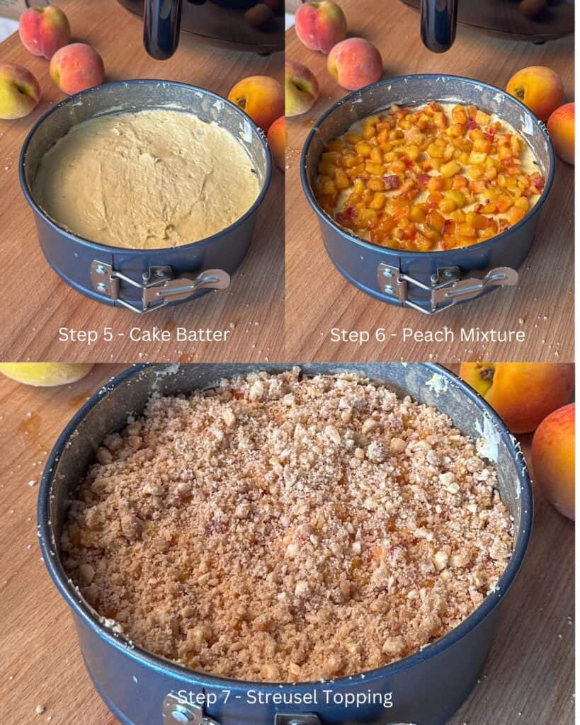 Assembly steps to layering a peach coffee cake.