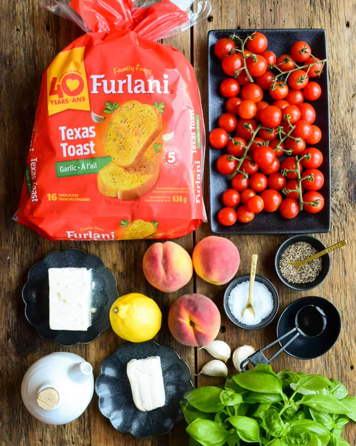 Peach and tomato whipped feta crostini recipe ingredients.