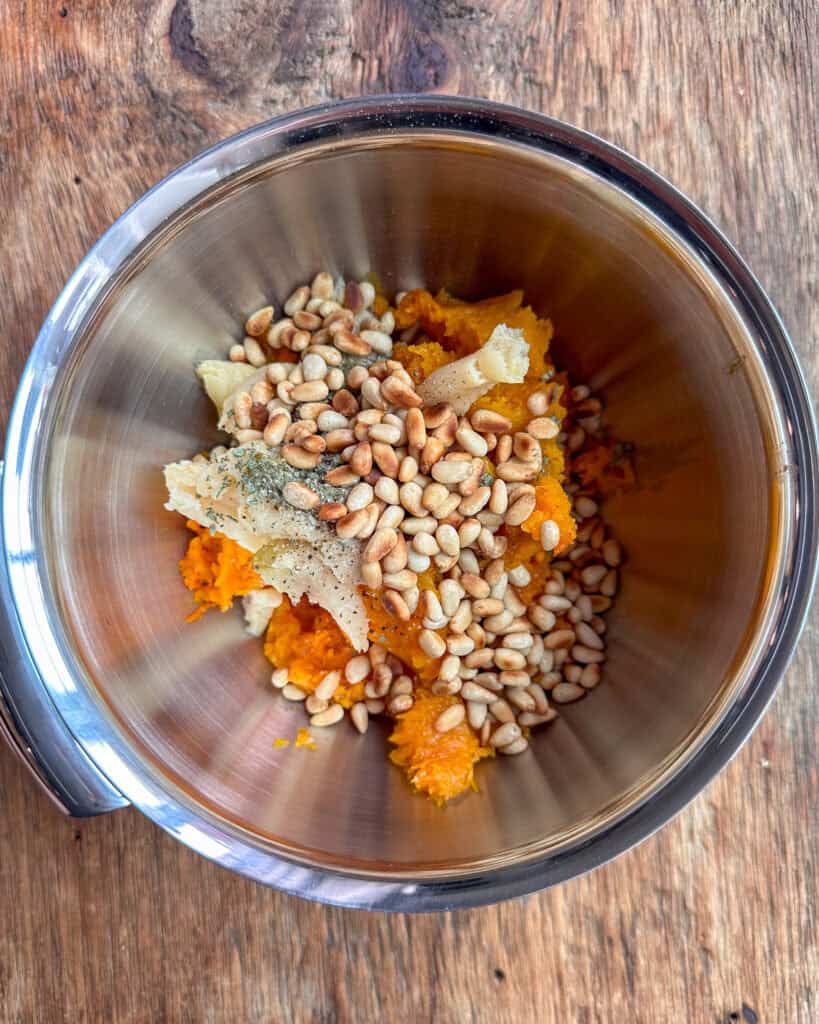 Roasted butternut squash wonton filling in a bowl.