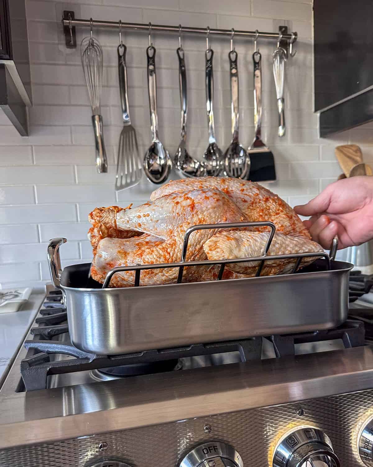 Remove the turkey from the bag and place on a rack in a roasting pan.