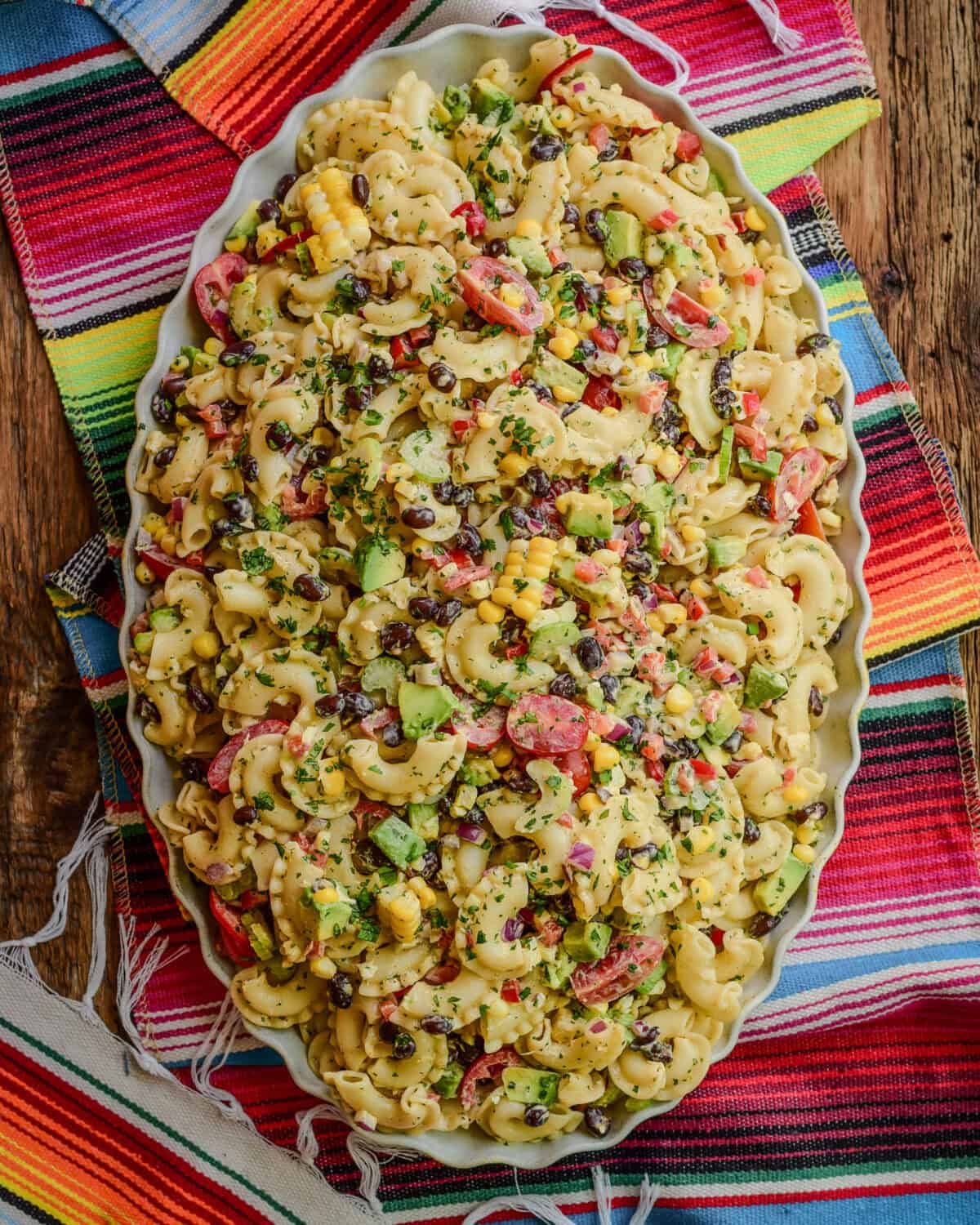 A large platter of a Mexican Macaroni Salad.