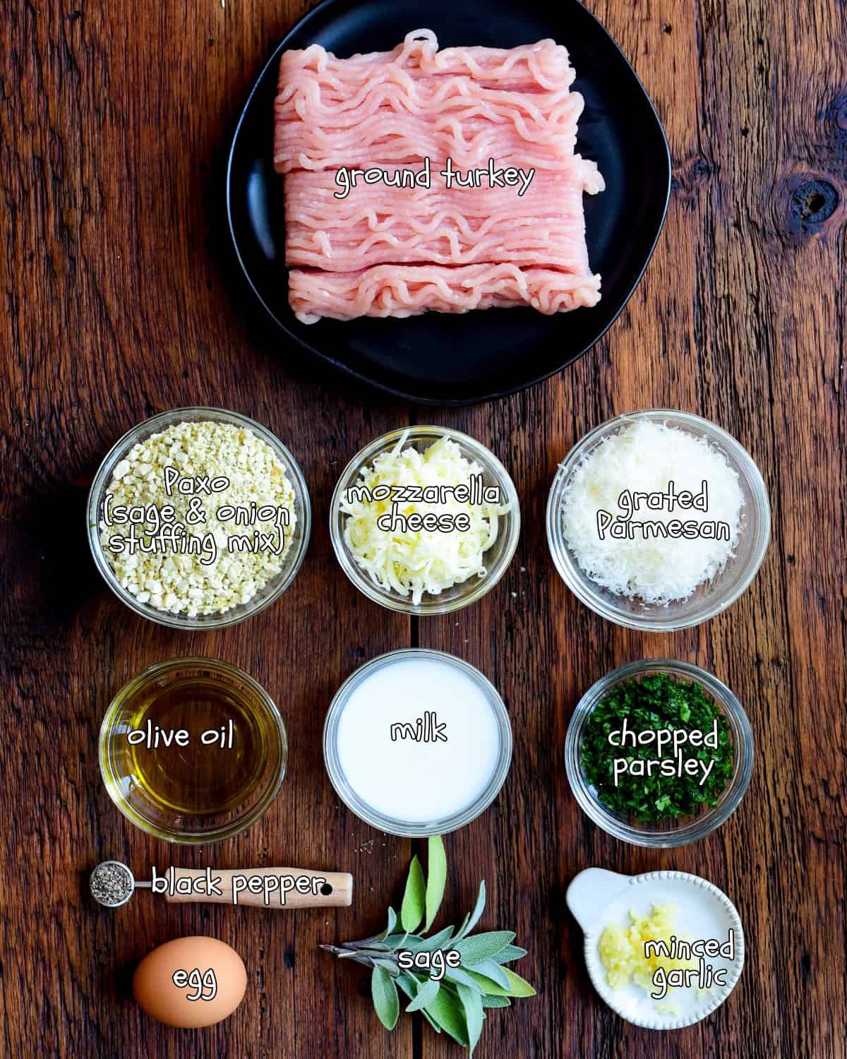 Ingredients laid out and labelled for turkey meatloaves.