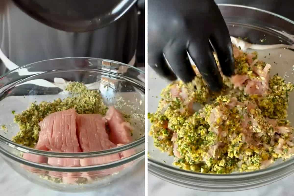 Add the ground turkey to the bowl and gently combine. Pour in the milk and mix thoroughly until the mixture is uniform and evenly blended.