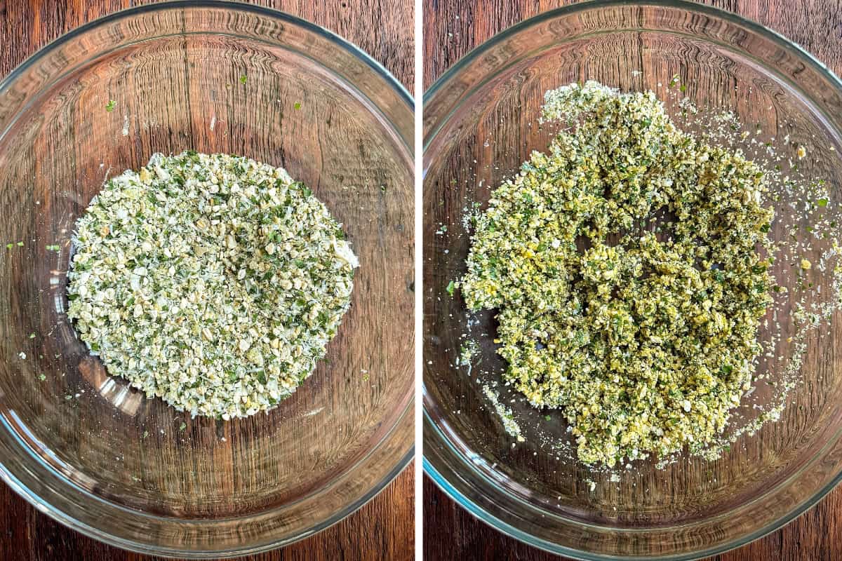 In a large bowl, whisk together the Paxo stuffing mix, parsley, Parmesan cheese, minced garlic, black pepper, and the egg until blended.