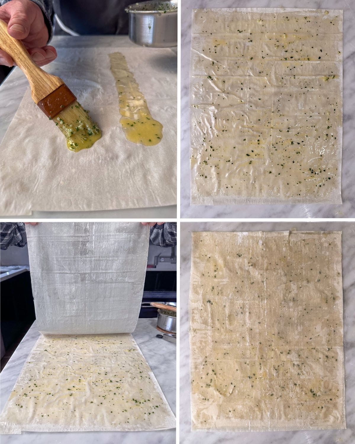 Lay one sheet of phyllo on a clean surface. Brush lightly with the garlic butter mixture, then layer a second sheet on top.