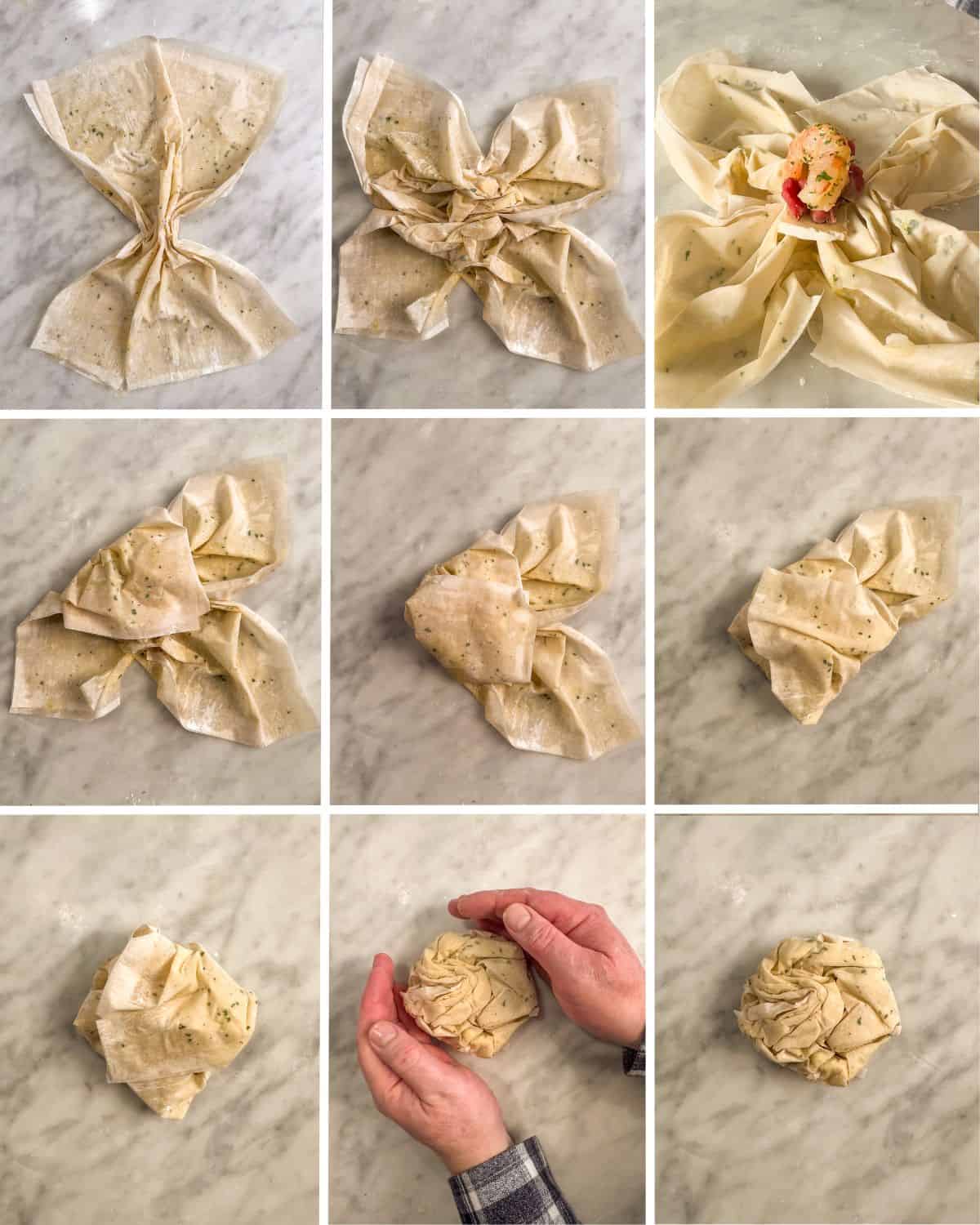 Steps on how to assemble the phyllo bundles.