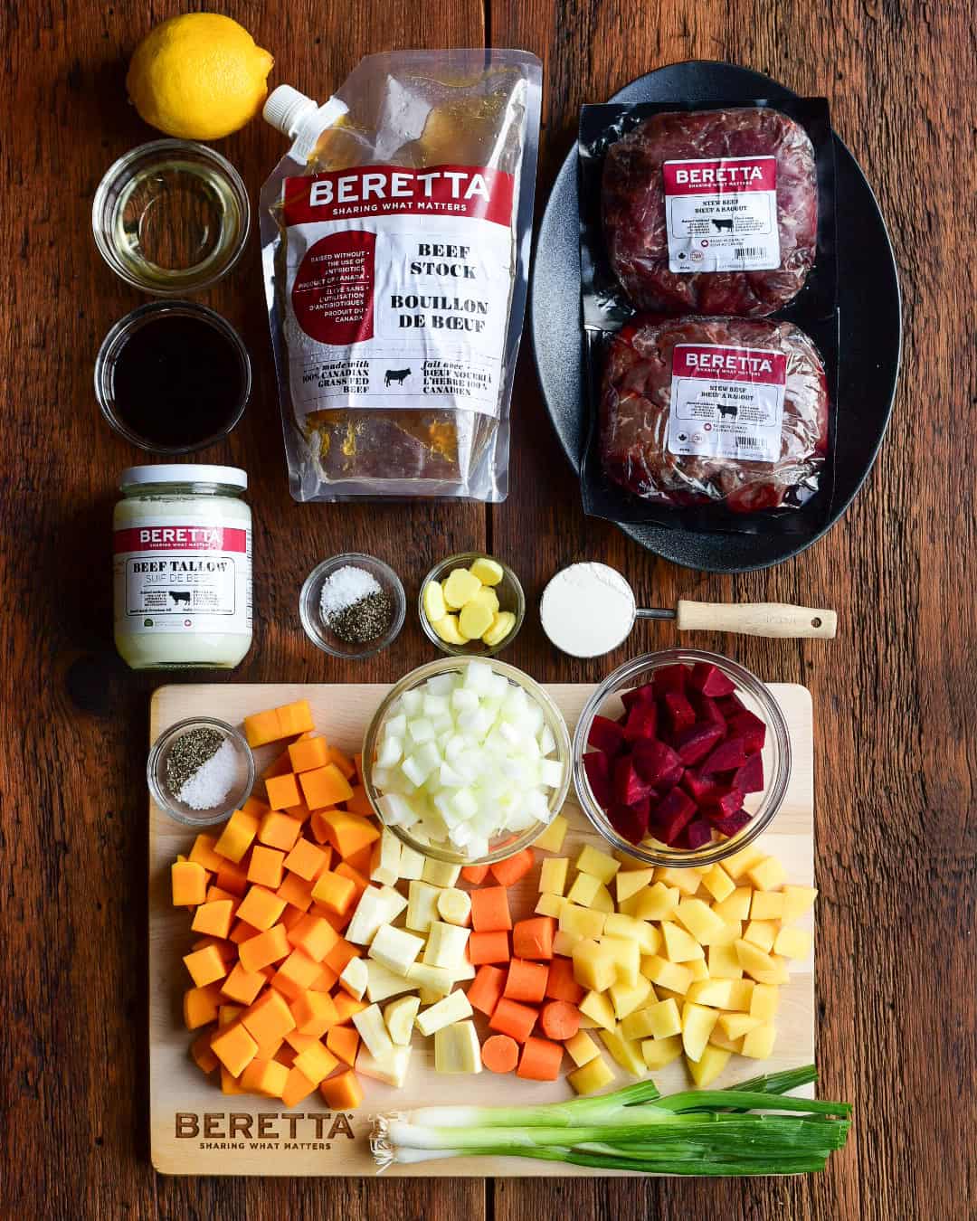 Beef stew ingredients with vegetables.