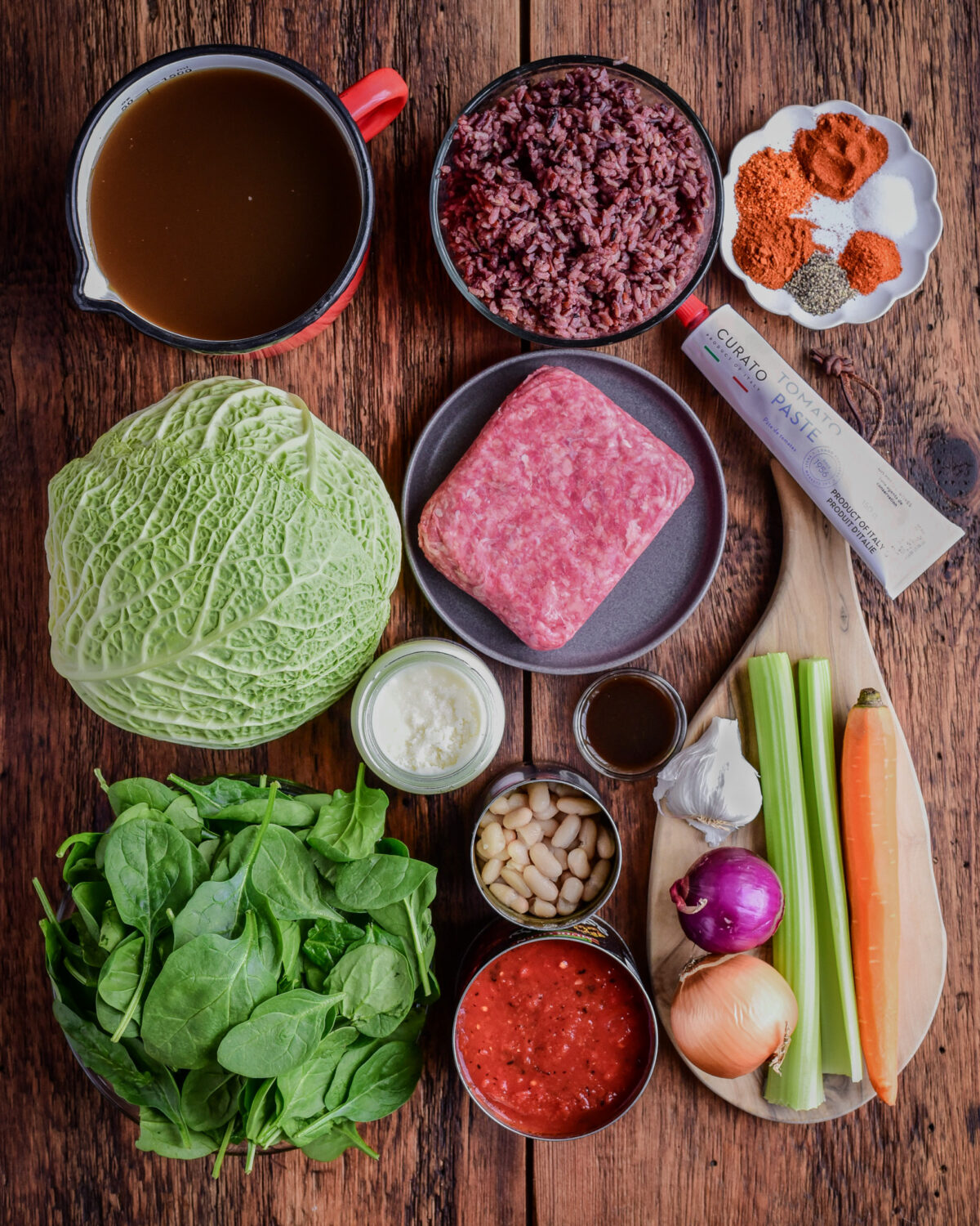 Ingredients for an unstuffed cabbage roll soup recipe.