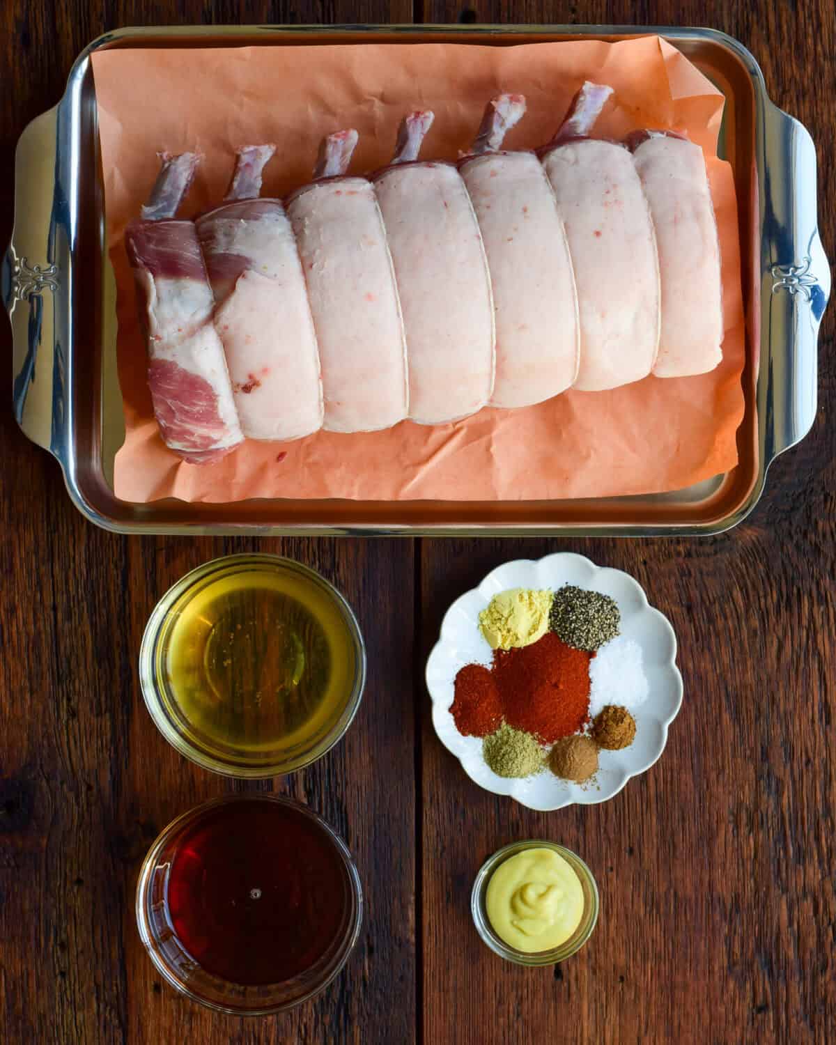 Ingredients for a maple glazed rack of pork roast.