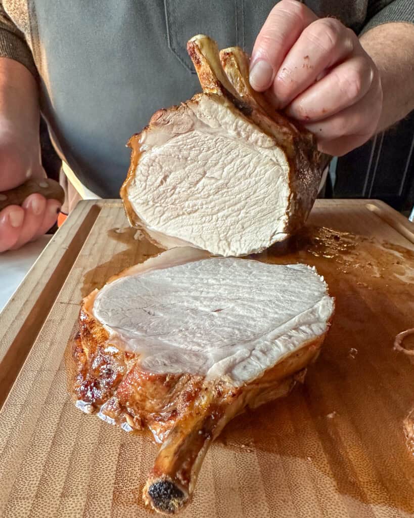 Slice french trimmed pork loin roast inbetween the bones.