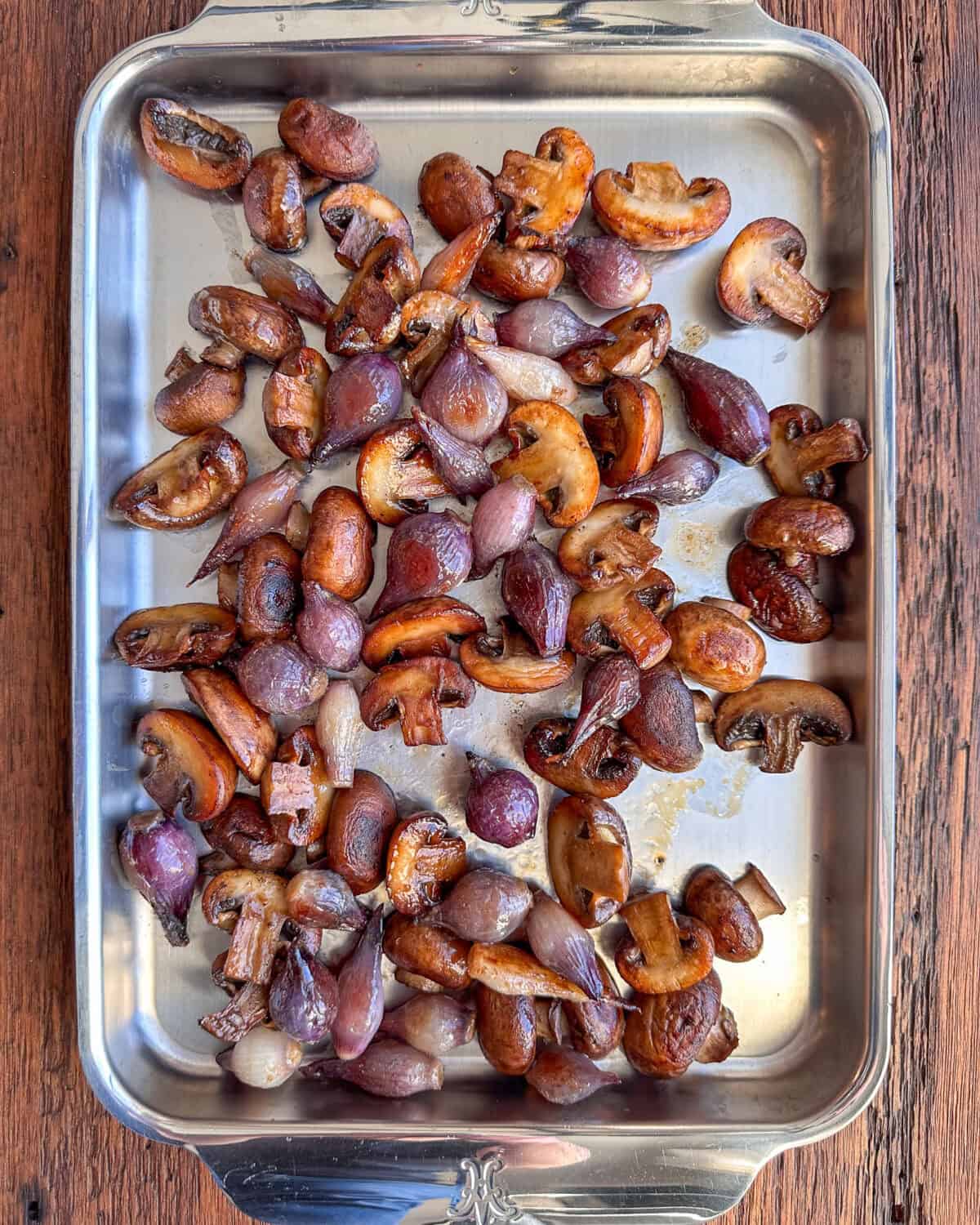 Sauteed and seared purple pearl onions and mushrooms.