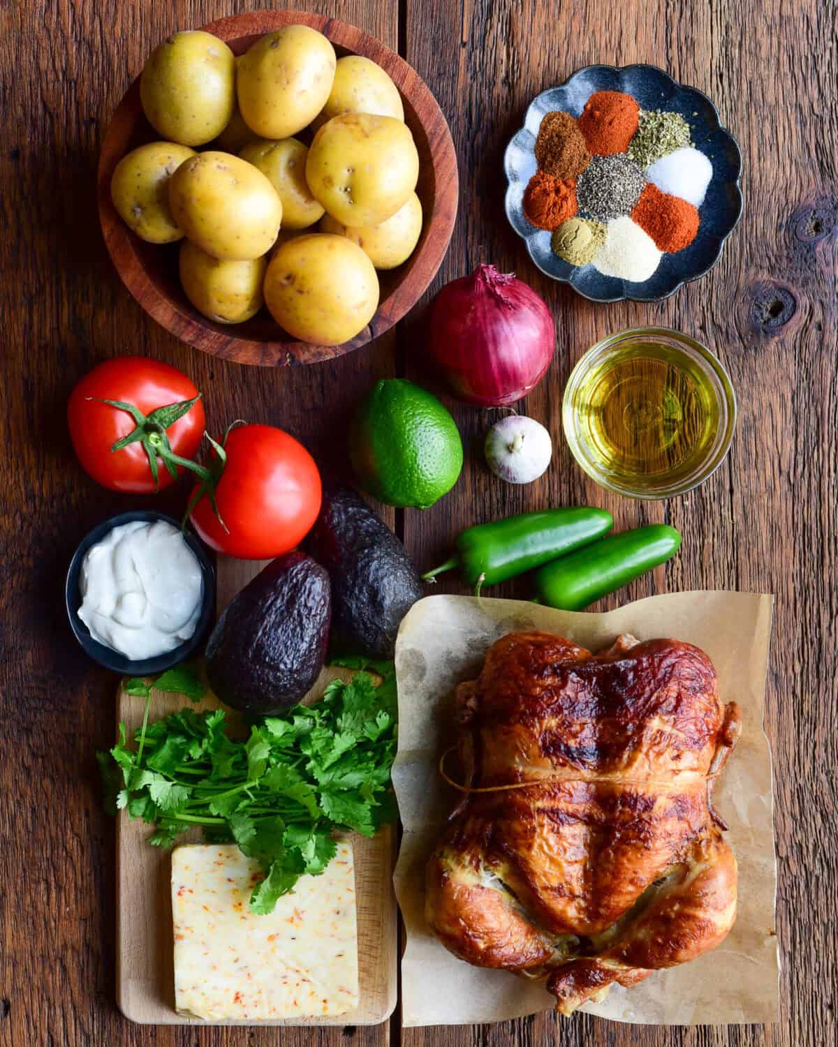 Ingredients for a loaded smashed potato recipe using Ontario Potatoes.