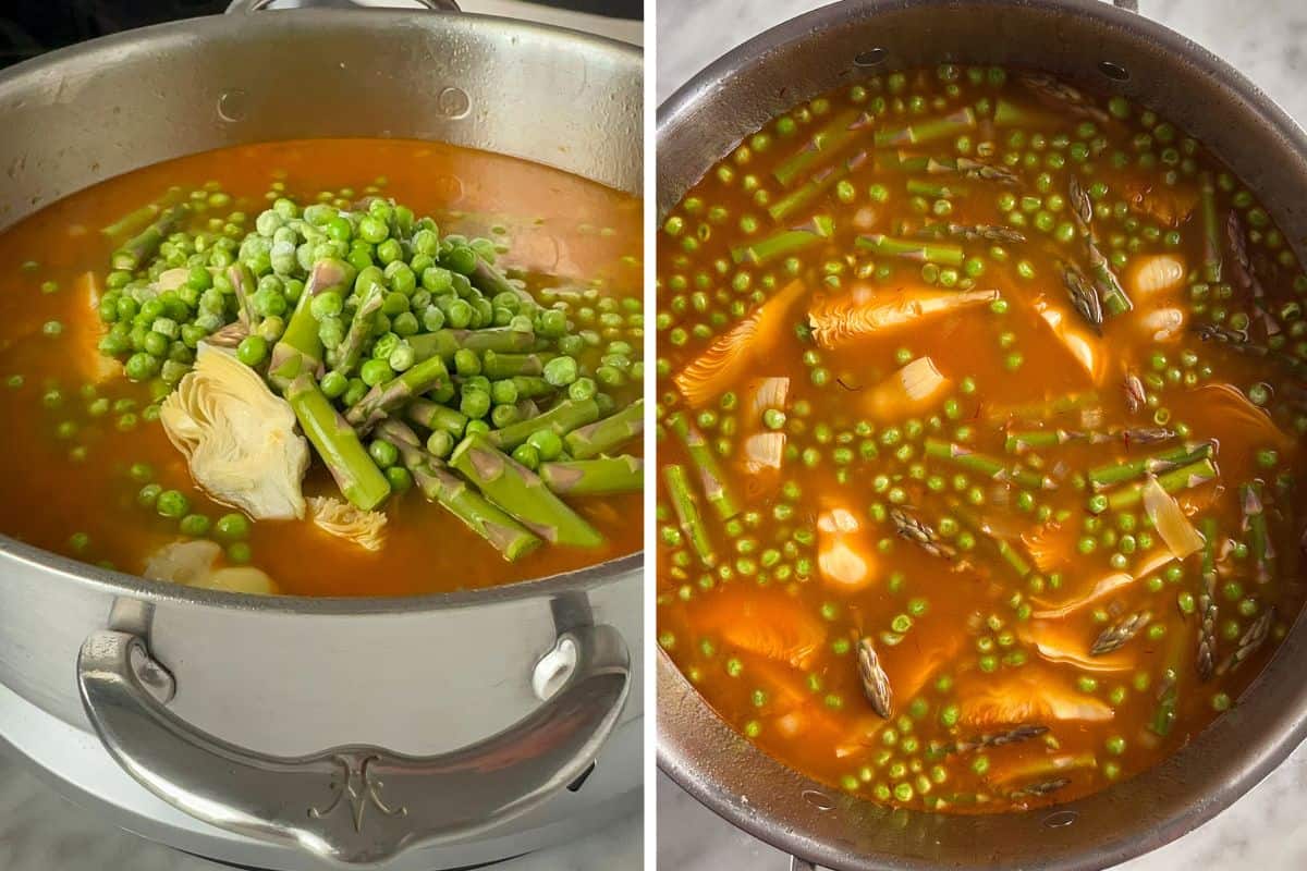 Deglaze the pan, then add the asparagus, peas and artichokes