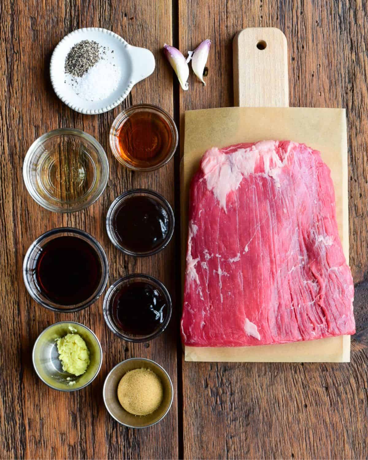 Ingredients for a flank steak marinade recipe.