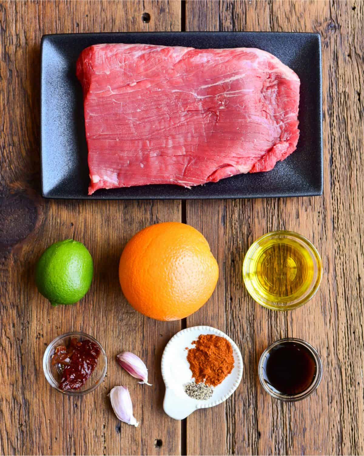 Ingredients for a carne asada nachos recipe.