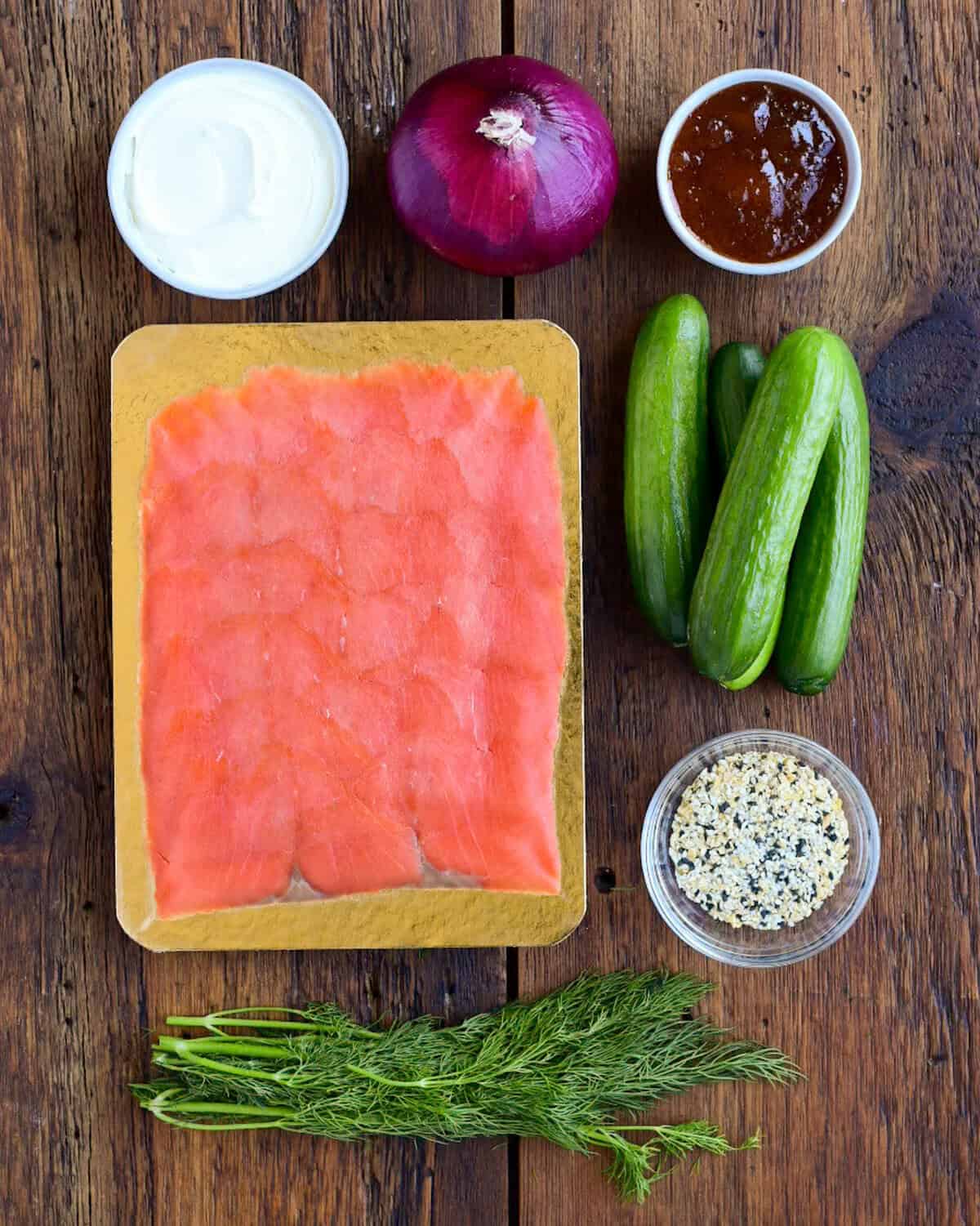 Ingredient toppings for lemon dill pancakes and a smoked salmon breakfast recipe.