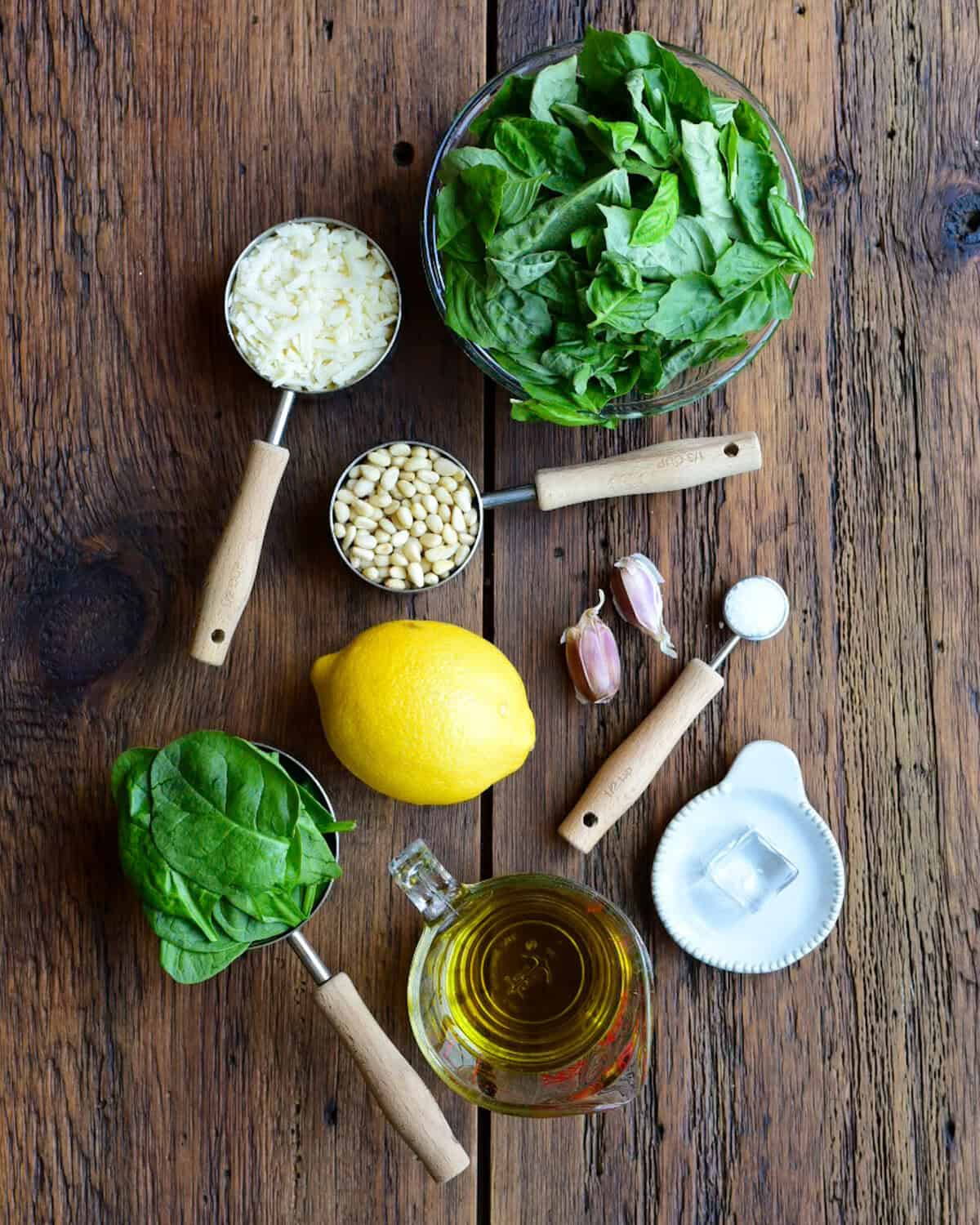 Pesto ingredients for a rainbow salad.