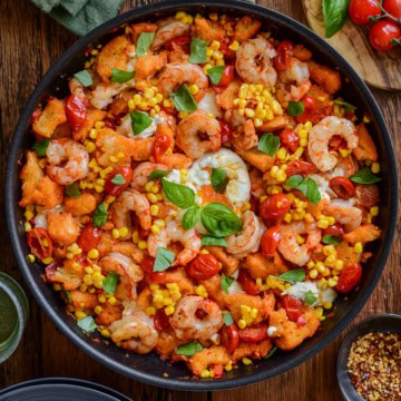 A one-skillet pan of a spicy shrimp panzanella skillet.