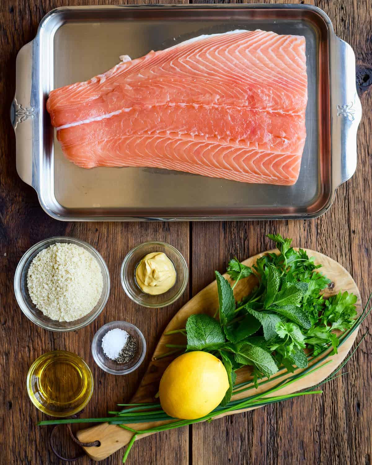 Ingredients for an Herb Crusted Salmon with Strawberry Mint Salsa recipe.