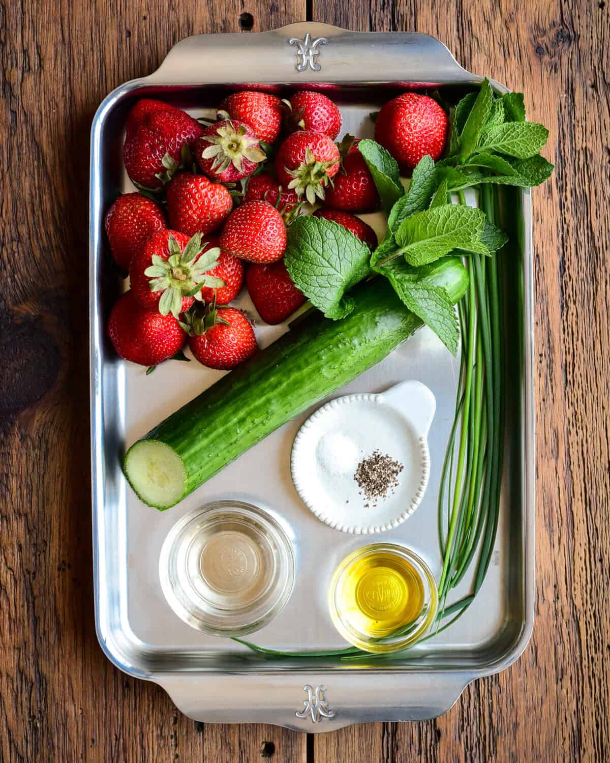 Ingredients for a strawberry salsa recipe.