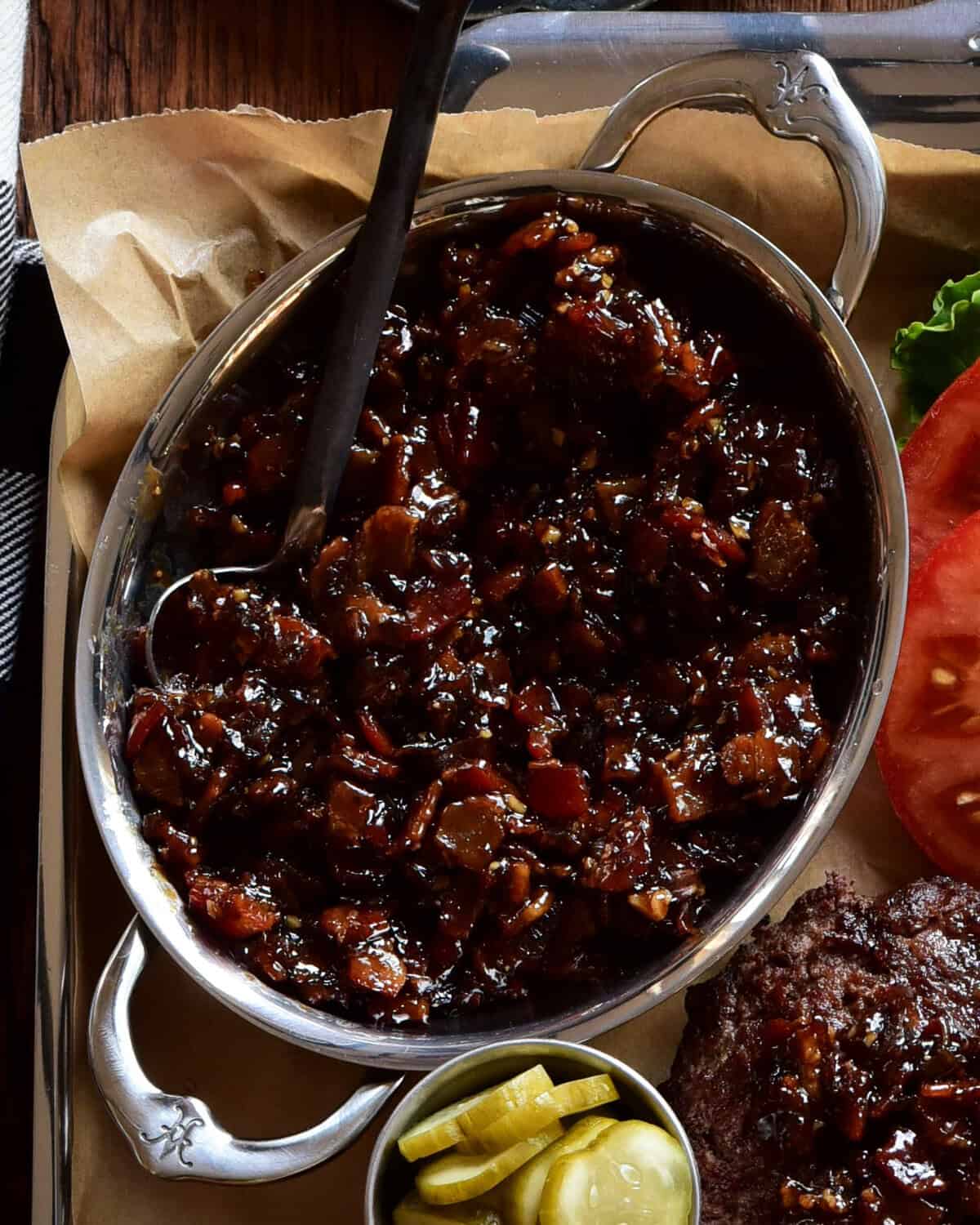 An oval gratin with bacon jam for burgers.