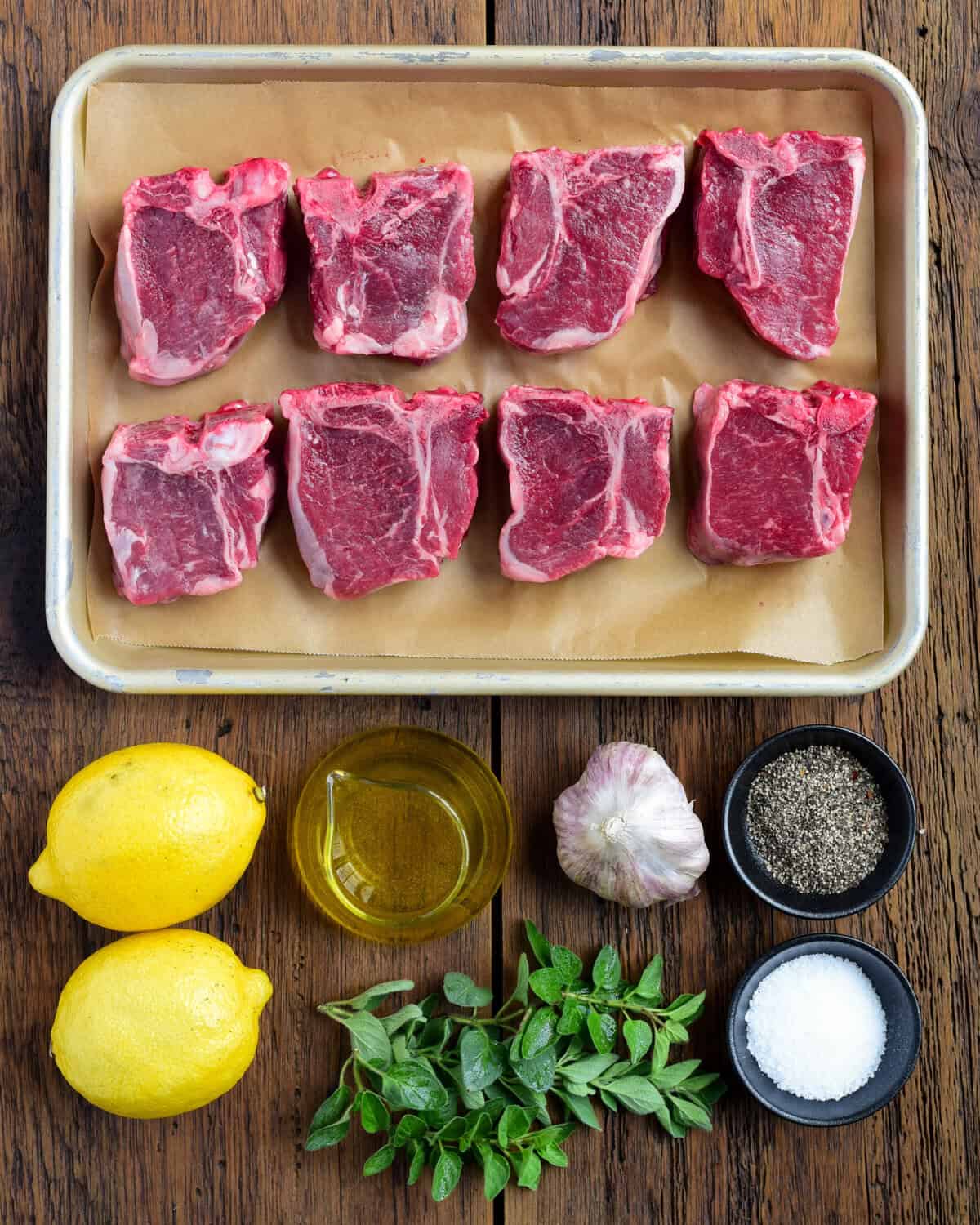 Ingredients for a Greek lamb chops recipe.