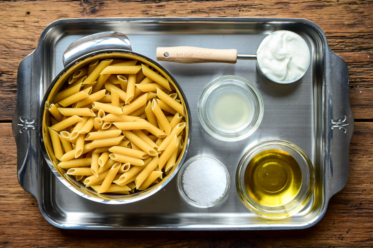 Pasta and Zhoug-Yogurt ingredients.