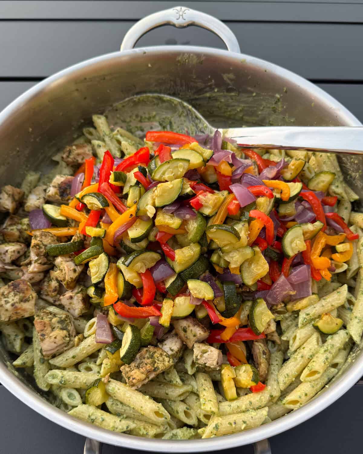 Stir in the chicken and vegetables.