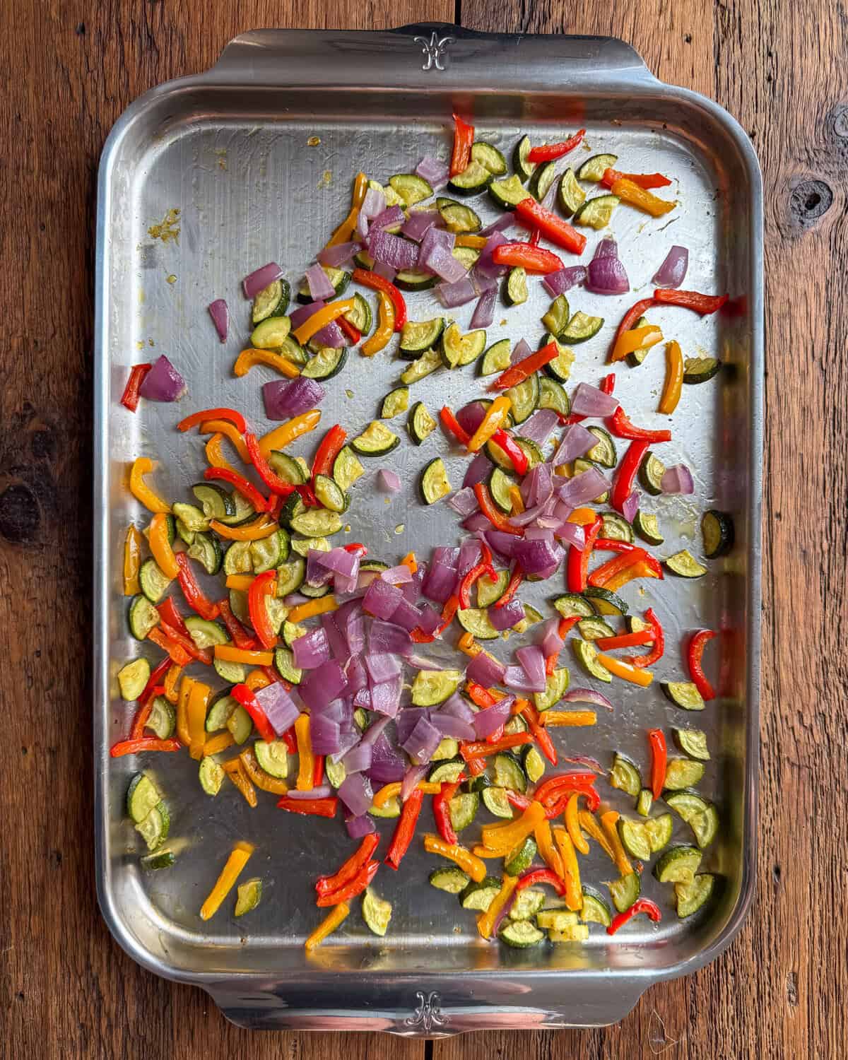 A sheet pan with roasted vegetables.